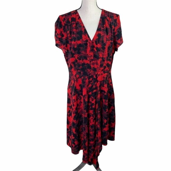 Halston Red/Black Short‎ Sleeve Faux Wrap Dress Sz L - Picture 1 of 10